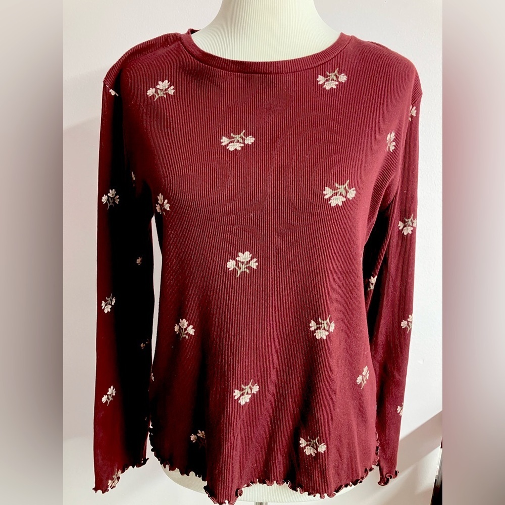 Thereabouts Women’s Pullover Top, Long Sleeves, Size 3X, Maroon w Floral Print